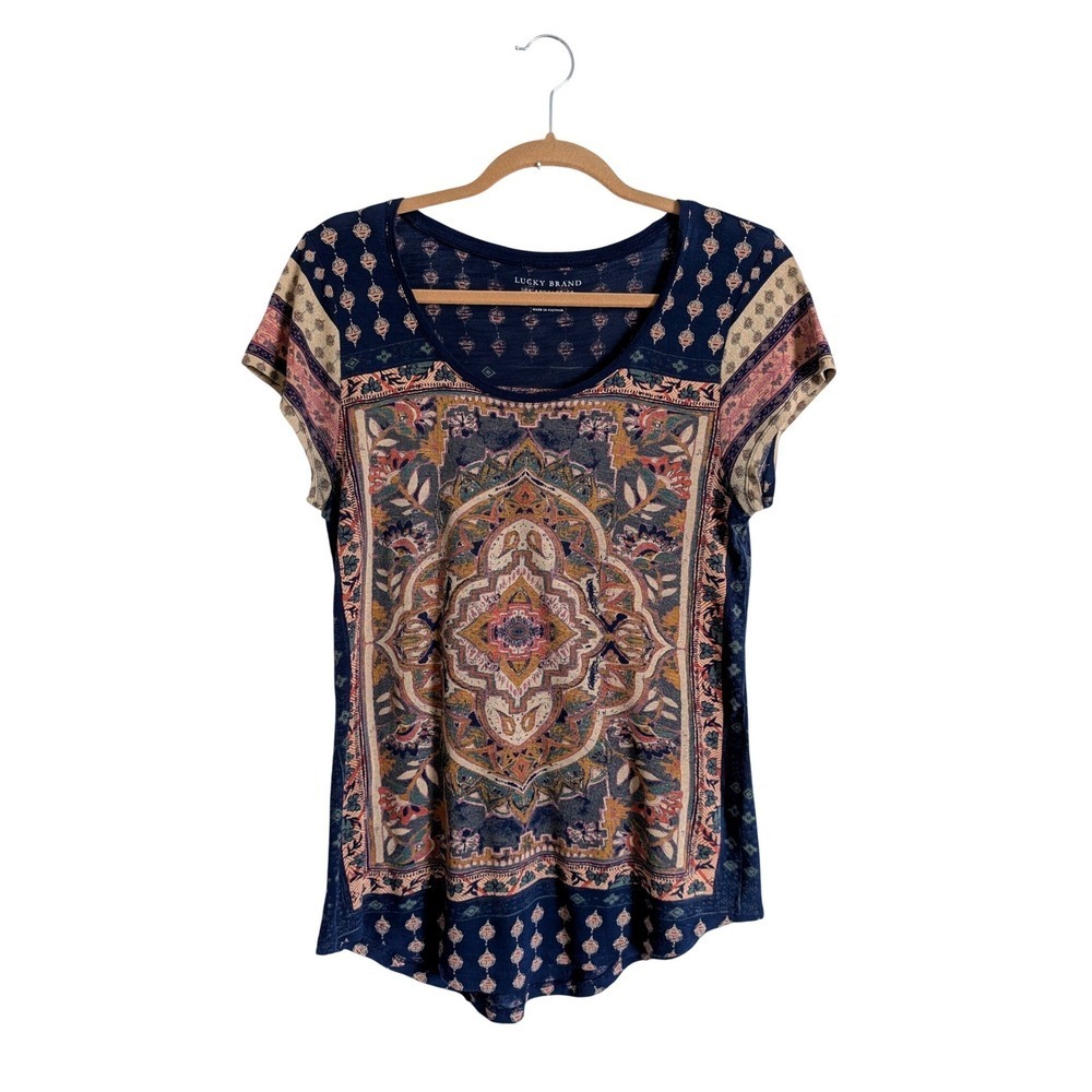 Lucky Brand Y2K Whimsigoth Mandala Tapestry Print Blue Cotton Tee Shirt